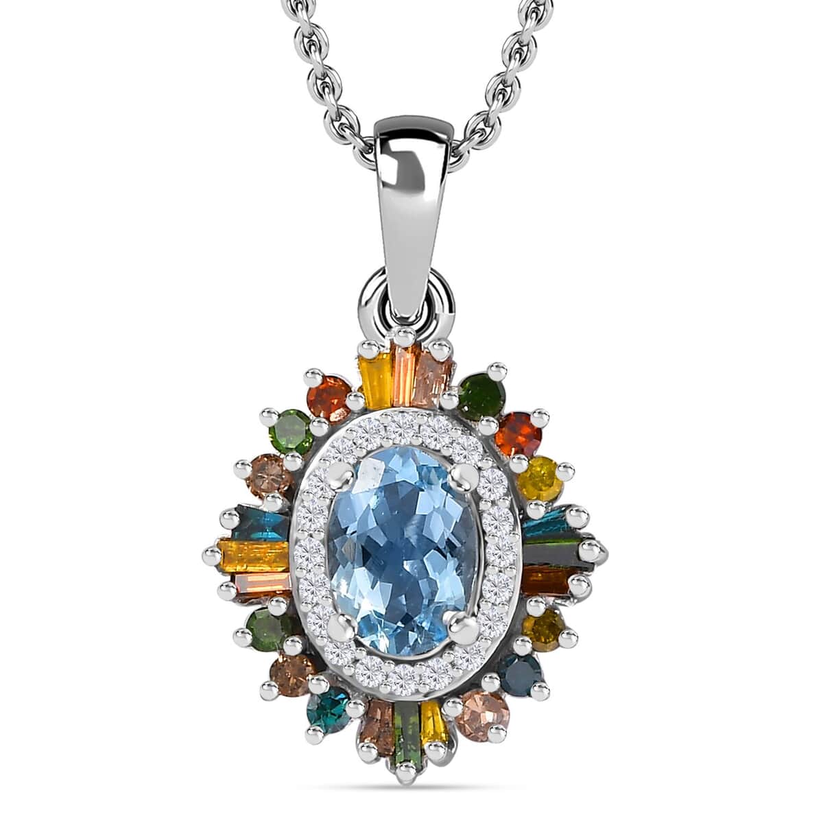 Santa Maria Aquamarine and Multi Diamond Floral Pendant Necklace 20 Inches in Rhodium Over Sterling Silver 1.25 ctw image number 0