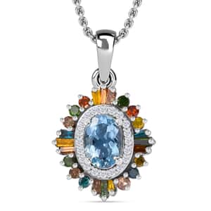 Santa Maria Aquamarine and Multi Diamond Floral Pendant Necklace 20 Inches in Rhodium Over Sterling Silver 1.25 ctw (Del. in 8-10 Days)