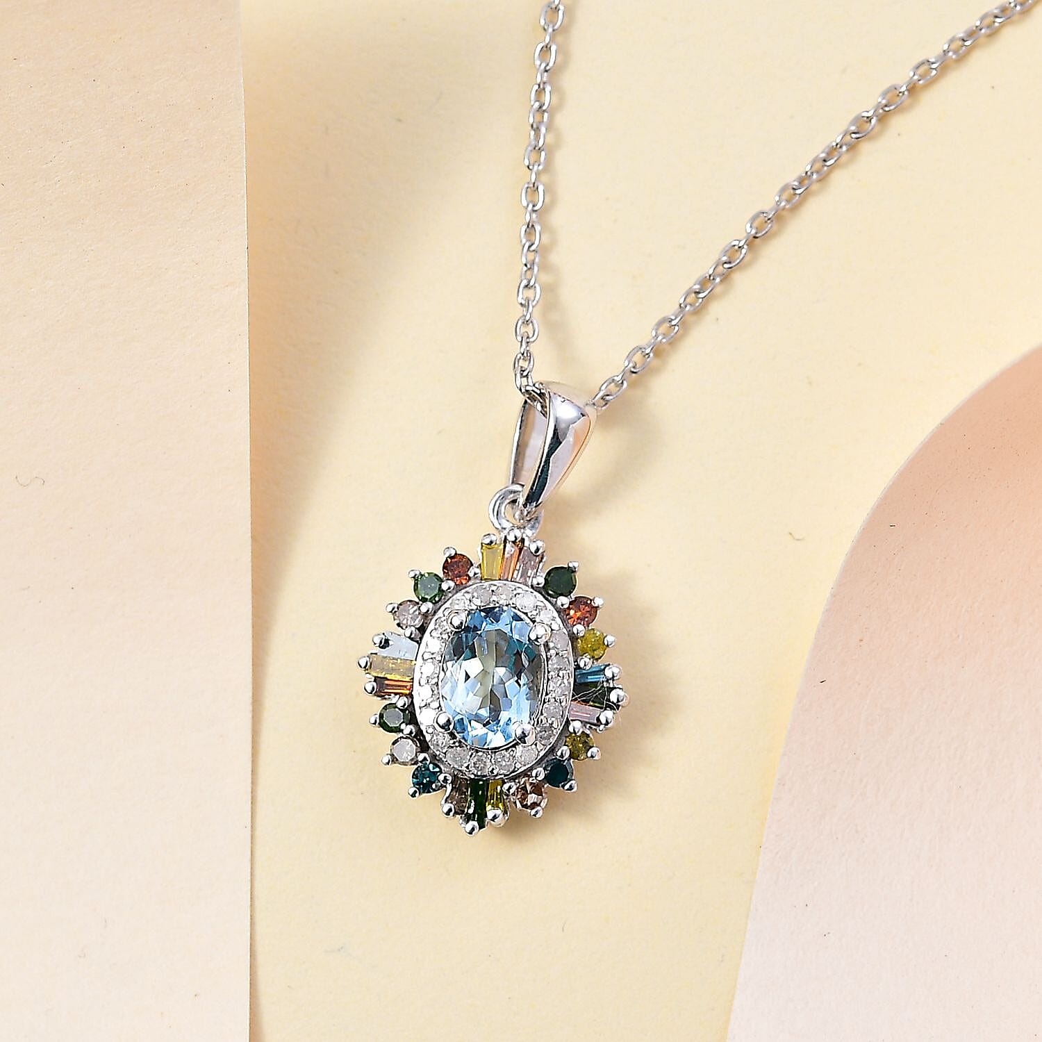 Santa Maria Aquamarine and Multi Diamond Floral Pendant Necklace 20 Inches in Rhodium Over Sterling Silver 1.25 ctw