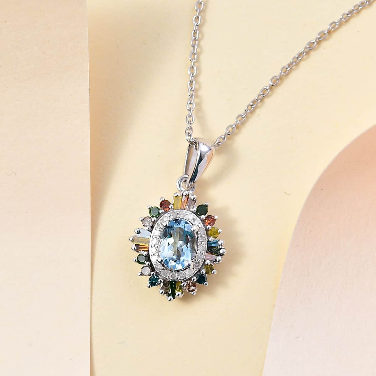 Santa Maria Aquamarine and Multi Diamond Floral Pendant Necklace 20 Inches in Rhodium Over Sterling Silver 1.25 ctw image number 1