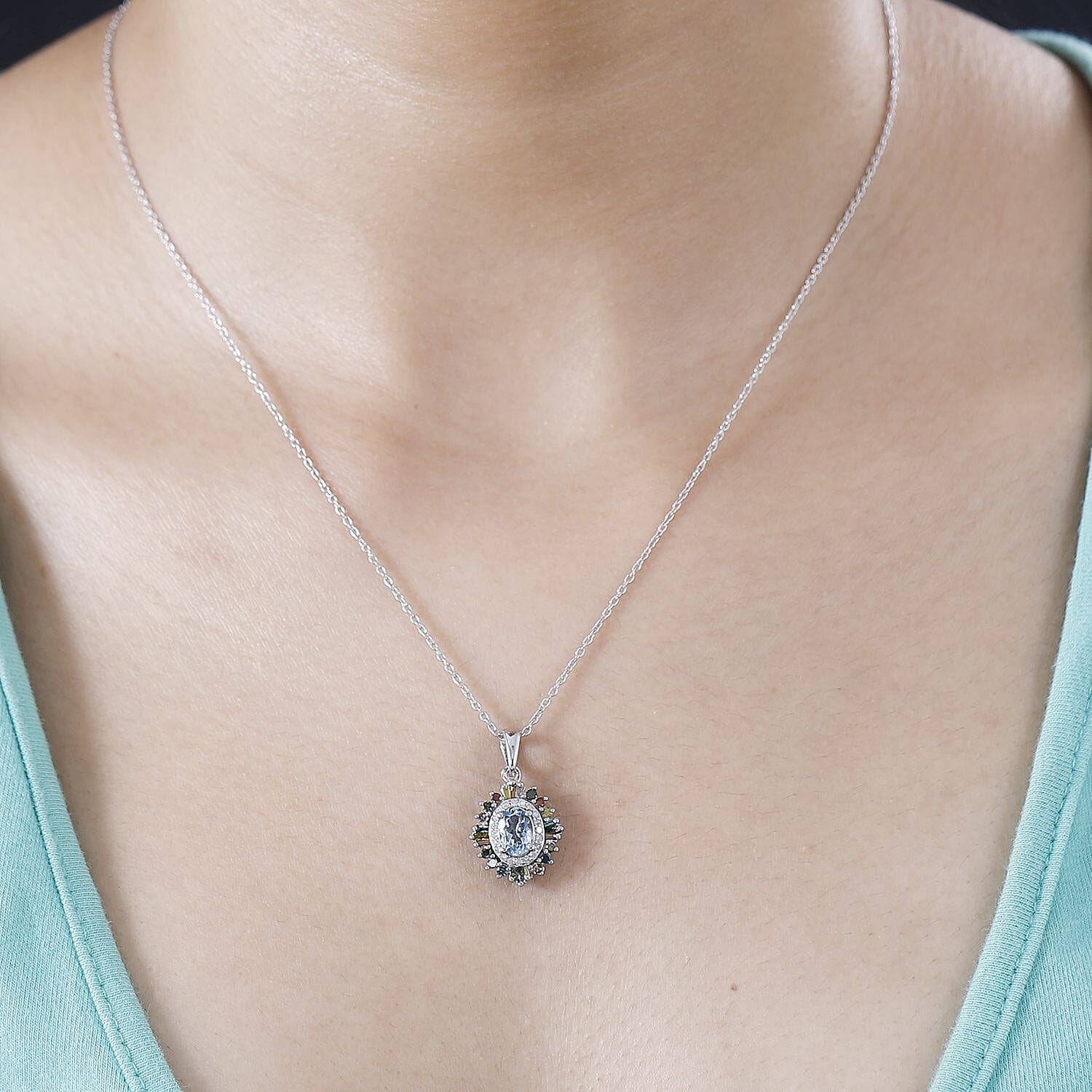 Santa Maria Aquamarine and Multi Diamond Floral Pendant Necklace 20 Inches in Rhodium Over Sterling Silver 1.25 ctw