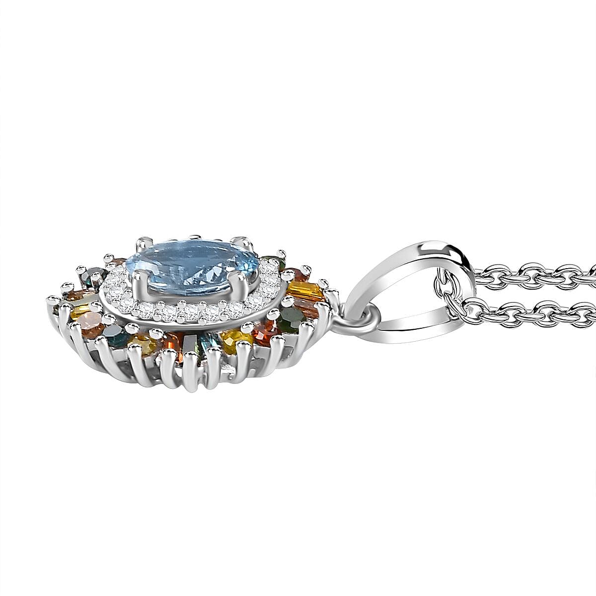 Santa Maria Aquamarine and Multi Diamond Floral Pendant Necklace 20 Inches in Rhodium Over Sterling Silver 1.25 ctw