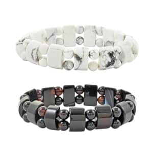 Doorbuster Deal Set of 2 White Howlite and Black Agate Beaded Stretch Bracelet 279.00 ctw