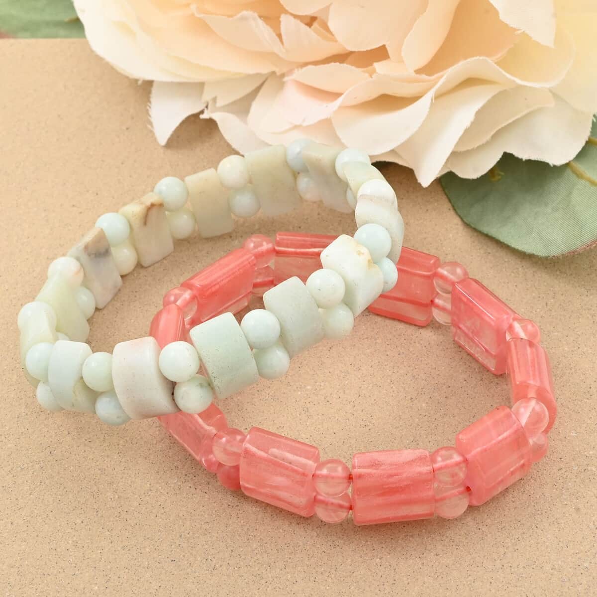 Set of 2 Amazonite and Cherry Quartz Beaded Stretch Bracelet 262.50 ctw image number 1