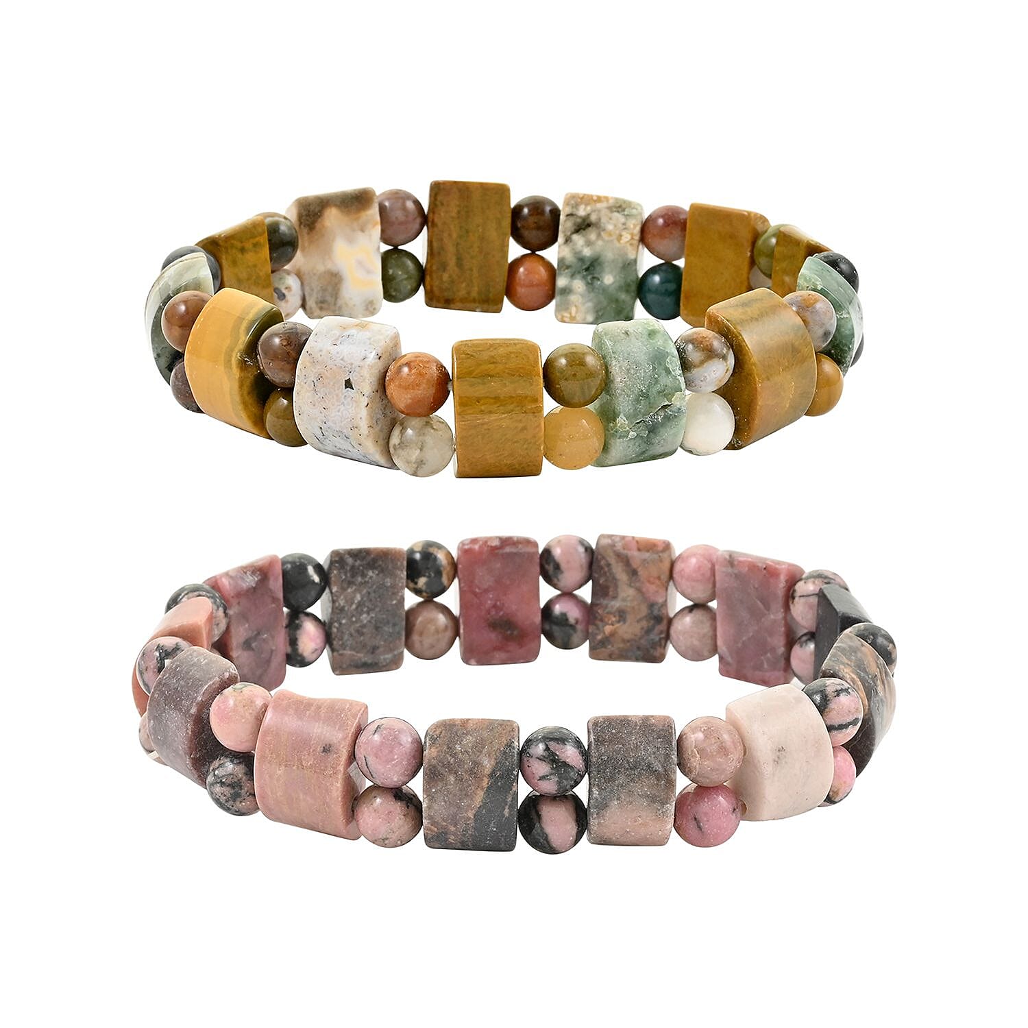 Set of 2 Rhodonite and Ocean Jasper Beaded Stretch Bracelet 314.50 ctw