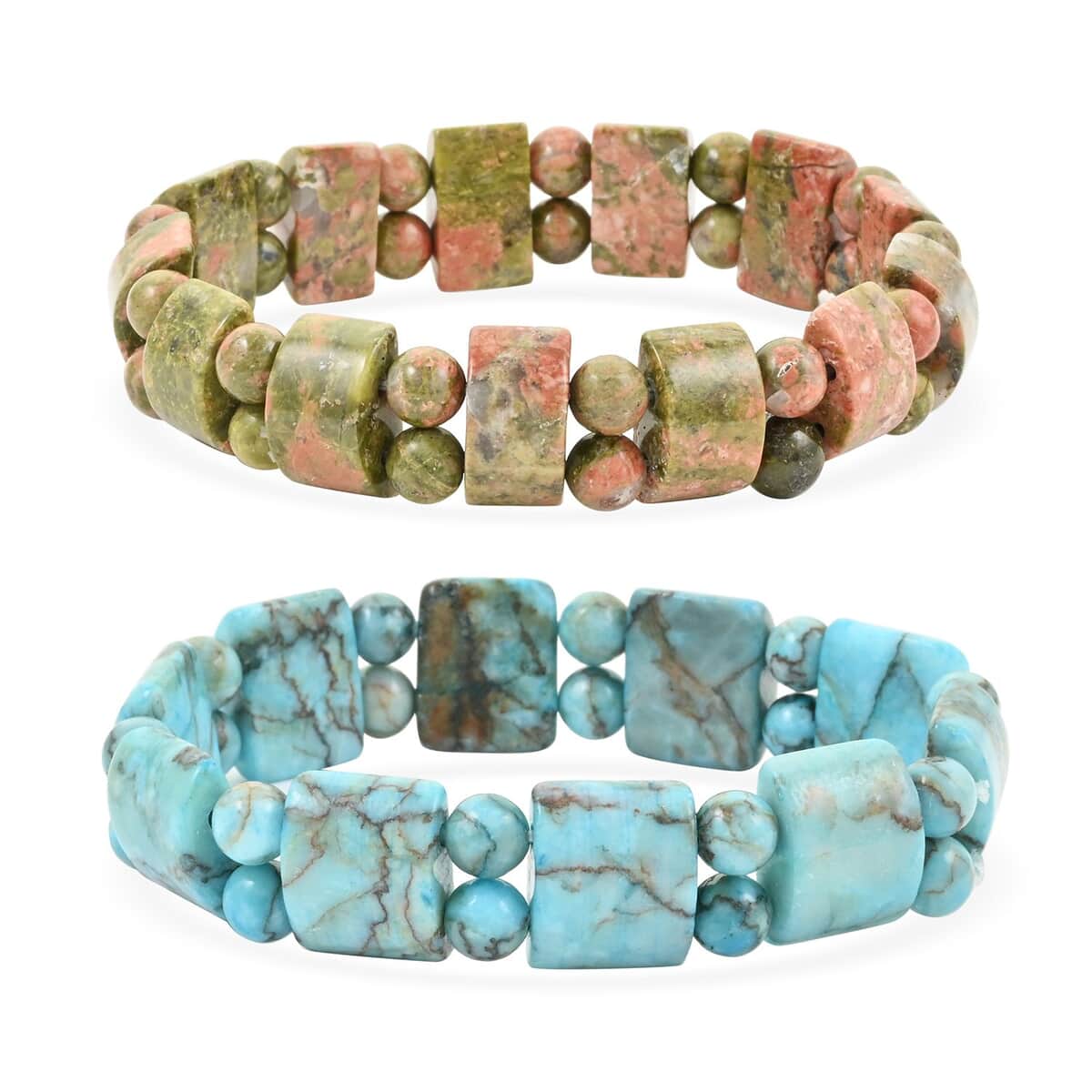 Set of 2 Unakite and Turquoise Beaded Stretch Bracelet 288.00 ctw image number 0