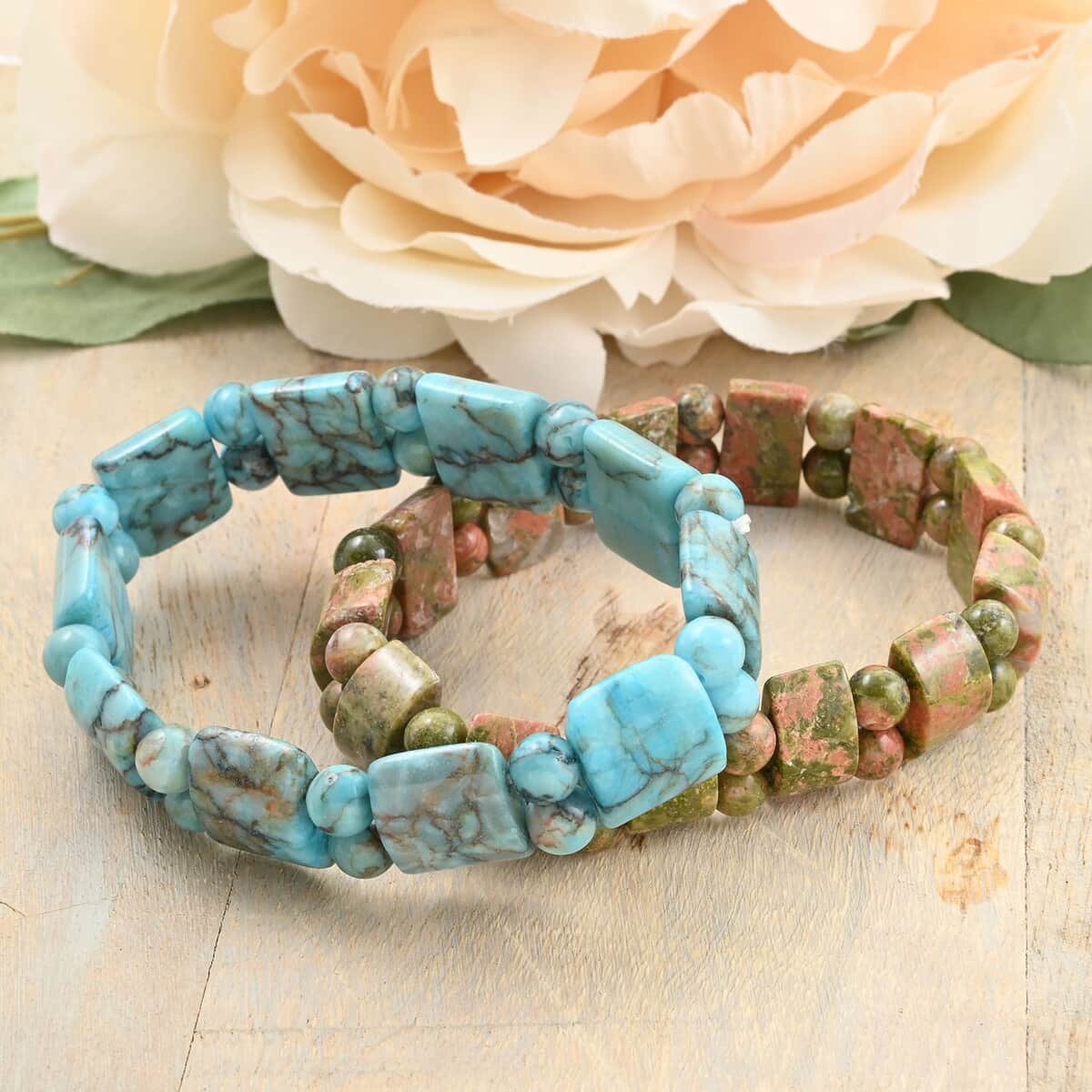 Set of 2 Unakite and Turquoise Beaded Stretch Bracelet 288.00 ctw image number 1