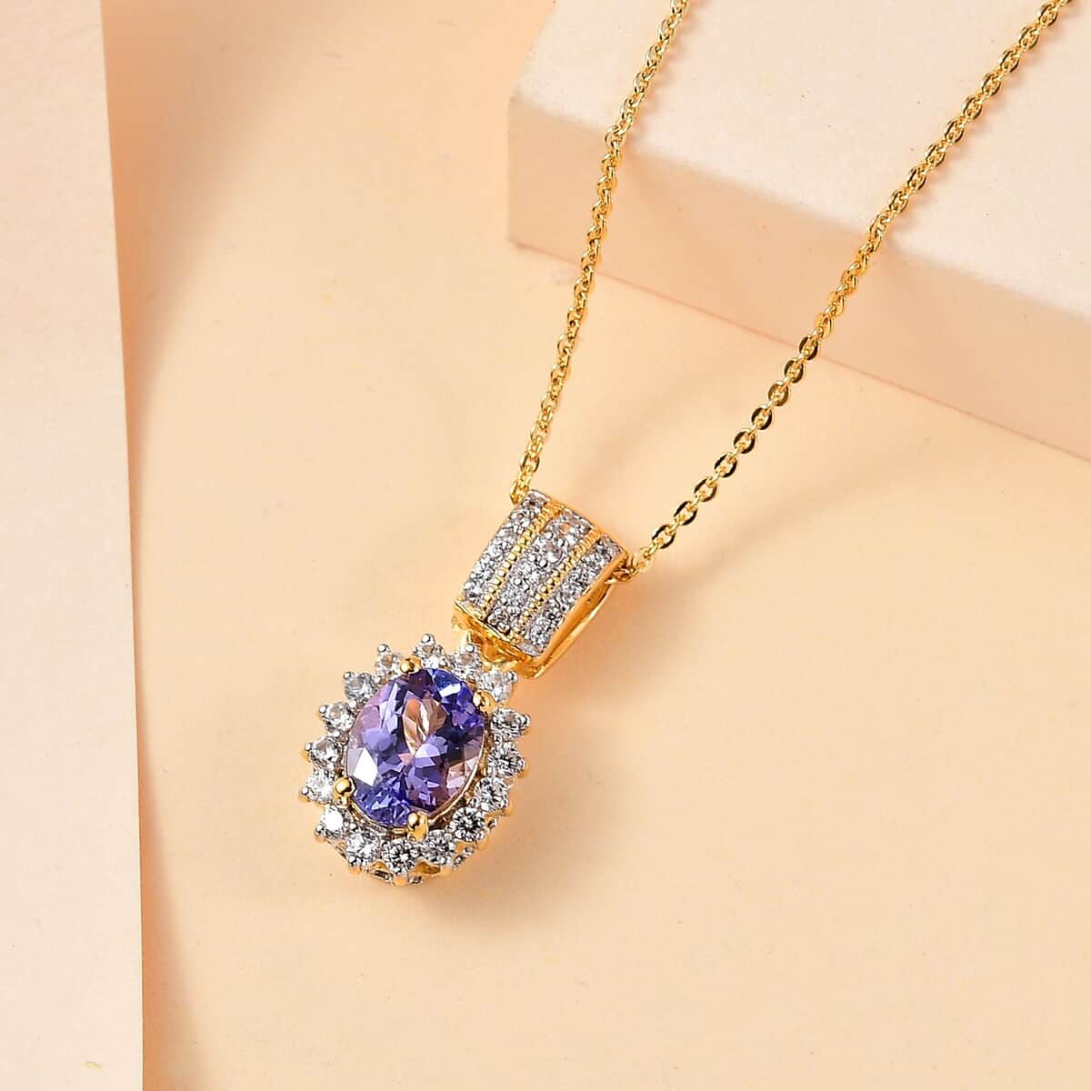 Tanzanite and White Zircon Sunburst Pendant Necklace 20 Inches in Vermeil Yellow Gold Over Sterling Silver 1.90 ctw image number 1