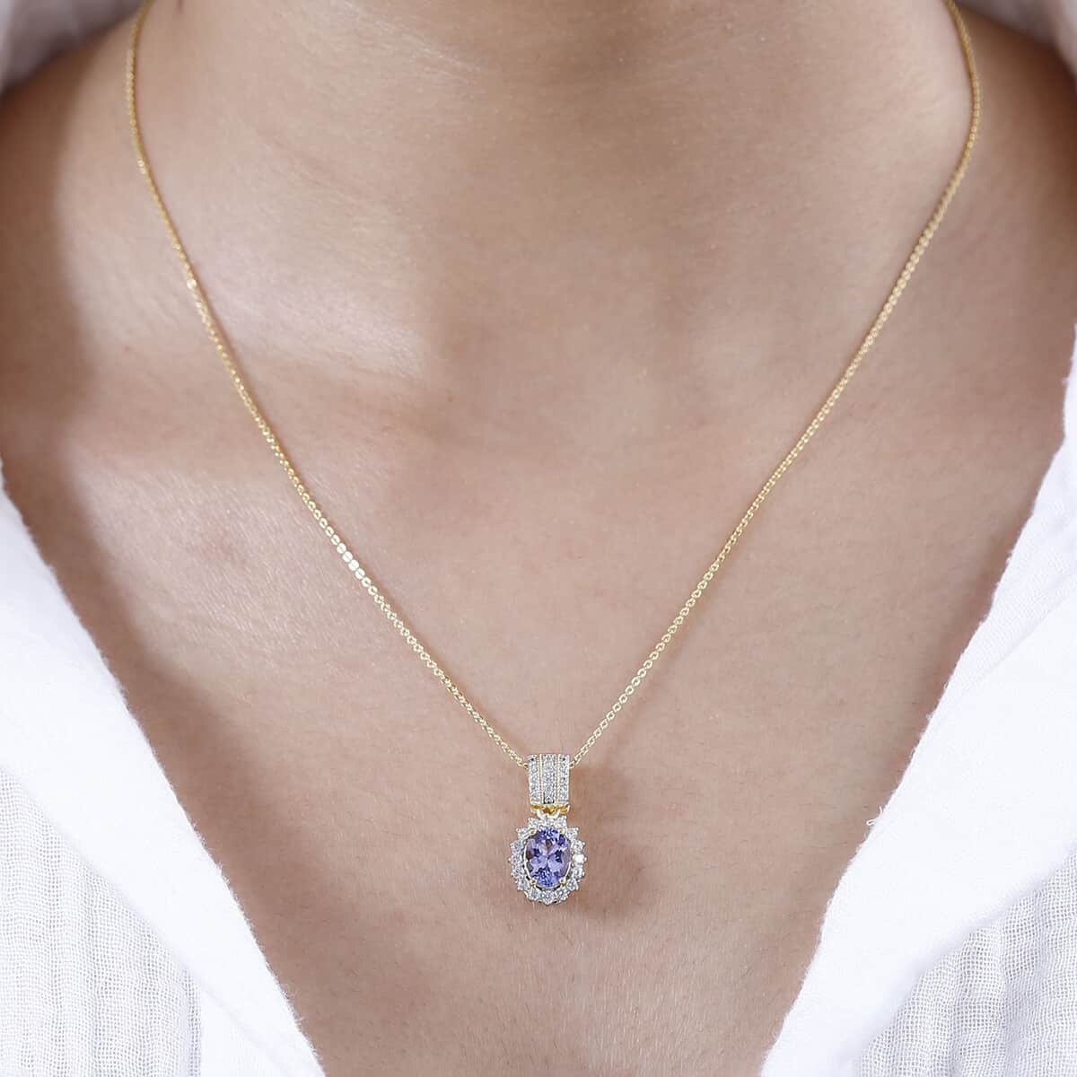 Tanzanite and White Zircon Sunburst Pendant Necklace 20 Inches in Vermeil Yellow Gold Over Sterling Silver 1.90 ctw image number 2