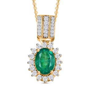 Kagem Zambian Emerald and White Zircon Sunburst Pendant Necklace 20 Inches in Vermeil Yellow Gold Over Sterling Silver 1.75 ctw
