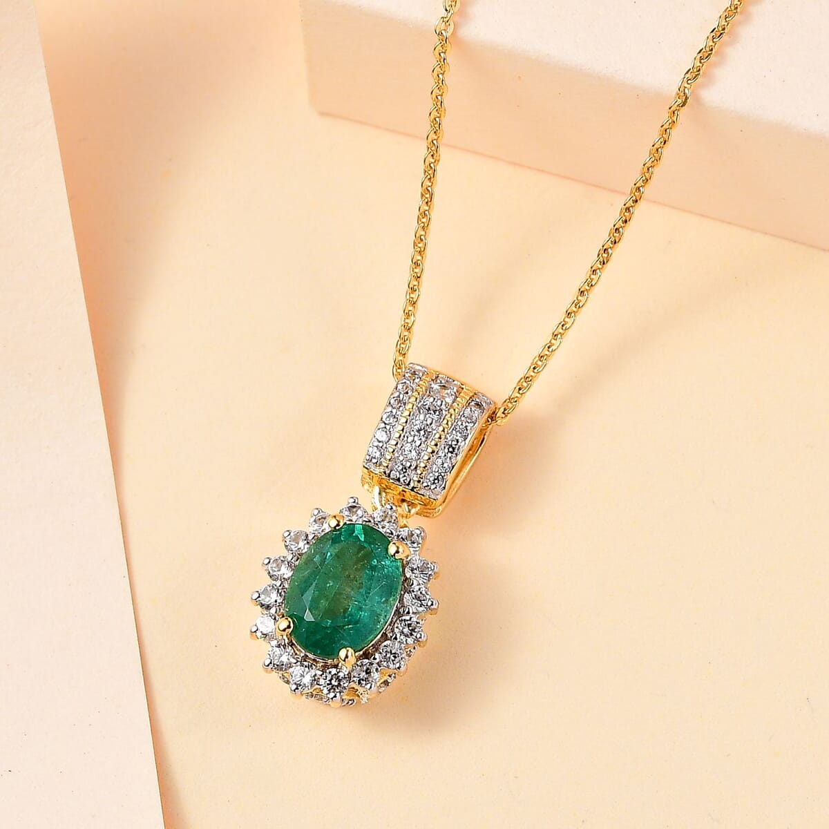 Kagem Zambian Emerald and White Zircon Sunburst Pendant Necklace 20 Inches in Vermeil Yellow Gold Over Sterling Silver 1.75 ctw image number 1