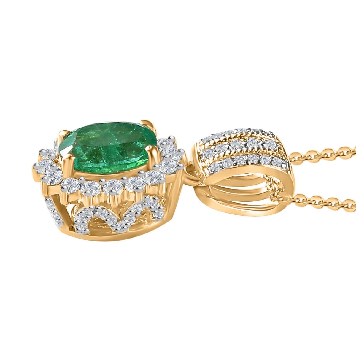 Kagem Zambian Emerald and White Zircon Sunburst Pendant Necklace 20 Inches in Vermeil Yellow Gold Over Sterling Silver 1.75 ctw image number 3