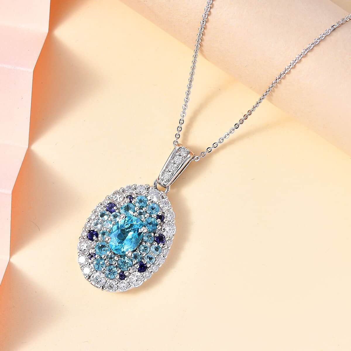 Betroka Blue Apatite and Multi Gemstone Ocean Bubble Pendant Necklace 20 Inches in Rhodium Over Sterling Silver 4.00 ctw image number 1