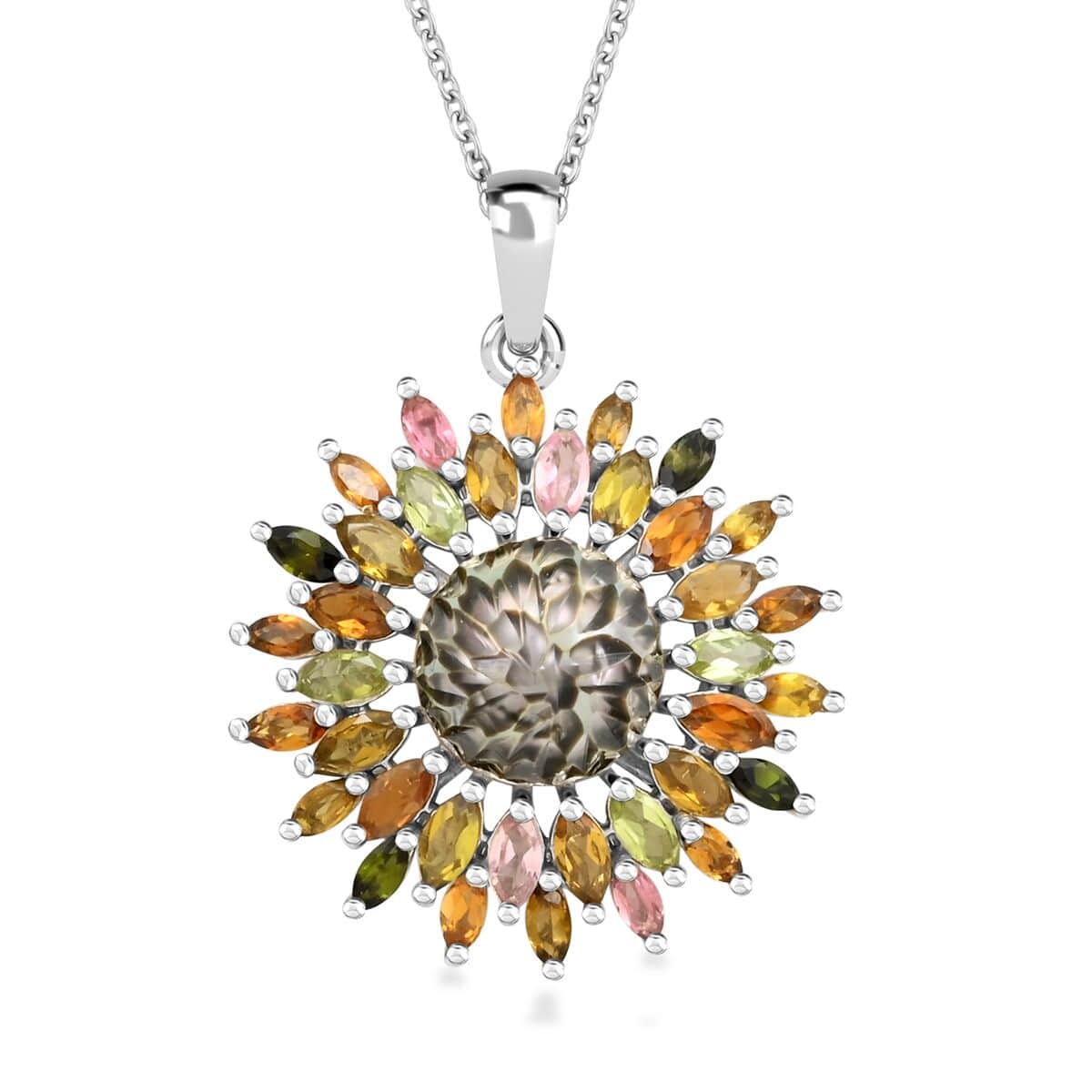 Tahitian Cultured Pearl Carved, Multi-Tourmaline Black Eyed Susan Floral Pendant Necklace 20 Inches in Rhodium Over Sterling Silver 4.20 ctw image number 0