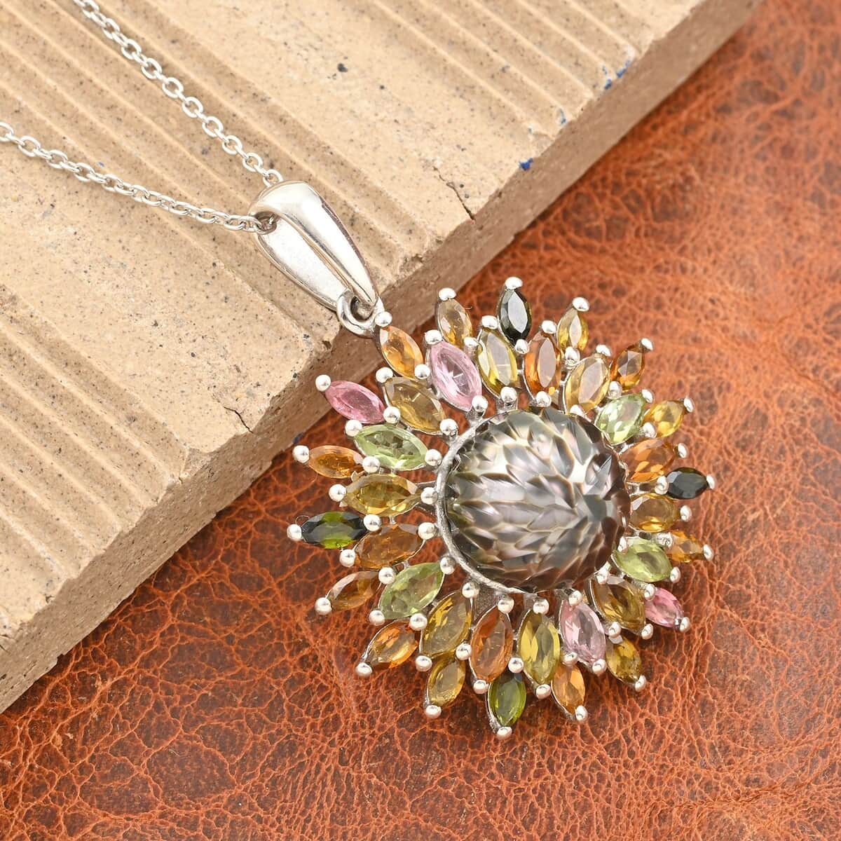 Tahitian Cultured Pearl Carved, Multi-Tourmaline Black Eyed Susan Floral Pendant Necklace 20 Inches in Rhodium Over Sterling Silver 4.20 ctw image number 1