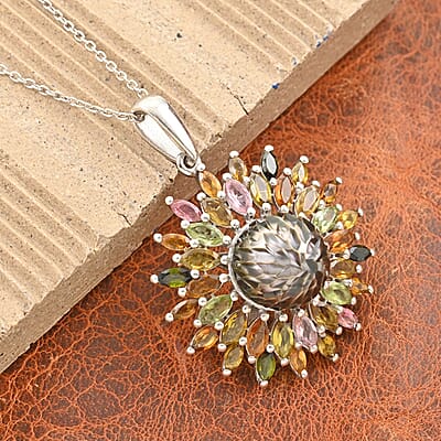 Tahitian Cultured Pearl Carved, Multi-Tourmaline Black Eyed Susan Floral Pendant Necklace 20 Inches in Rhodium Over Sterling Silver 4.20 ctw