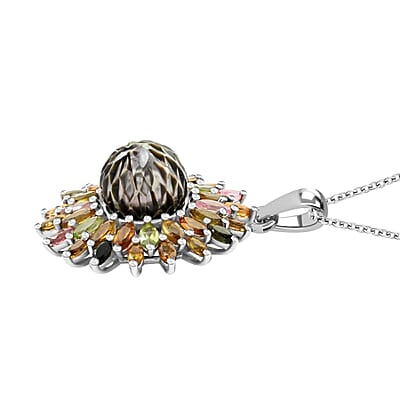 Tahitian Cultured Pearl Carved, Multi-Tourmaline Black Eyed Susan Floral Pendant Necklace 20 Inches in Rhodium Over Sterling Silver 4.20 ctw