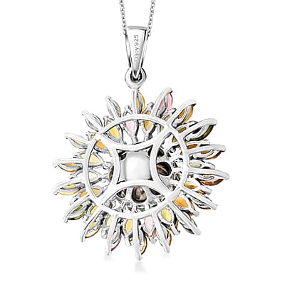Tahitian Cultured Pearl Carved, Multi-Tourmaline Black Eyed Susan Floral Pendant Necklace 20 Inches in Rhodium Over Sterling Silver 4.20 ctw