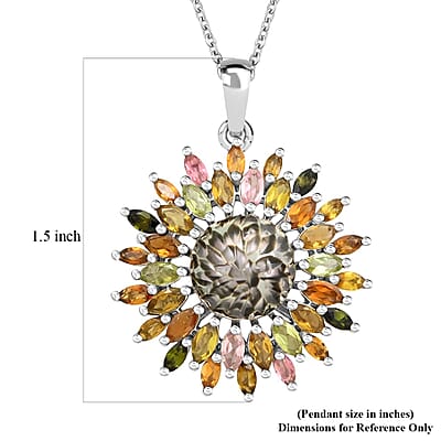 Tahitian Cultured Pearl Carved, Multi-Tourmaline Black Eyed Susan Floral Pendant Necklace 20 Inches in Rhodium Over Sterling Silver 4.20 ctw