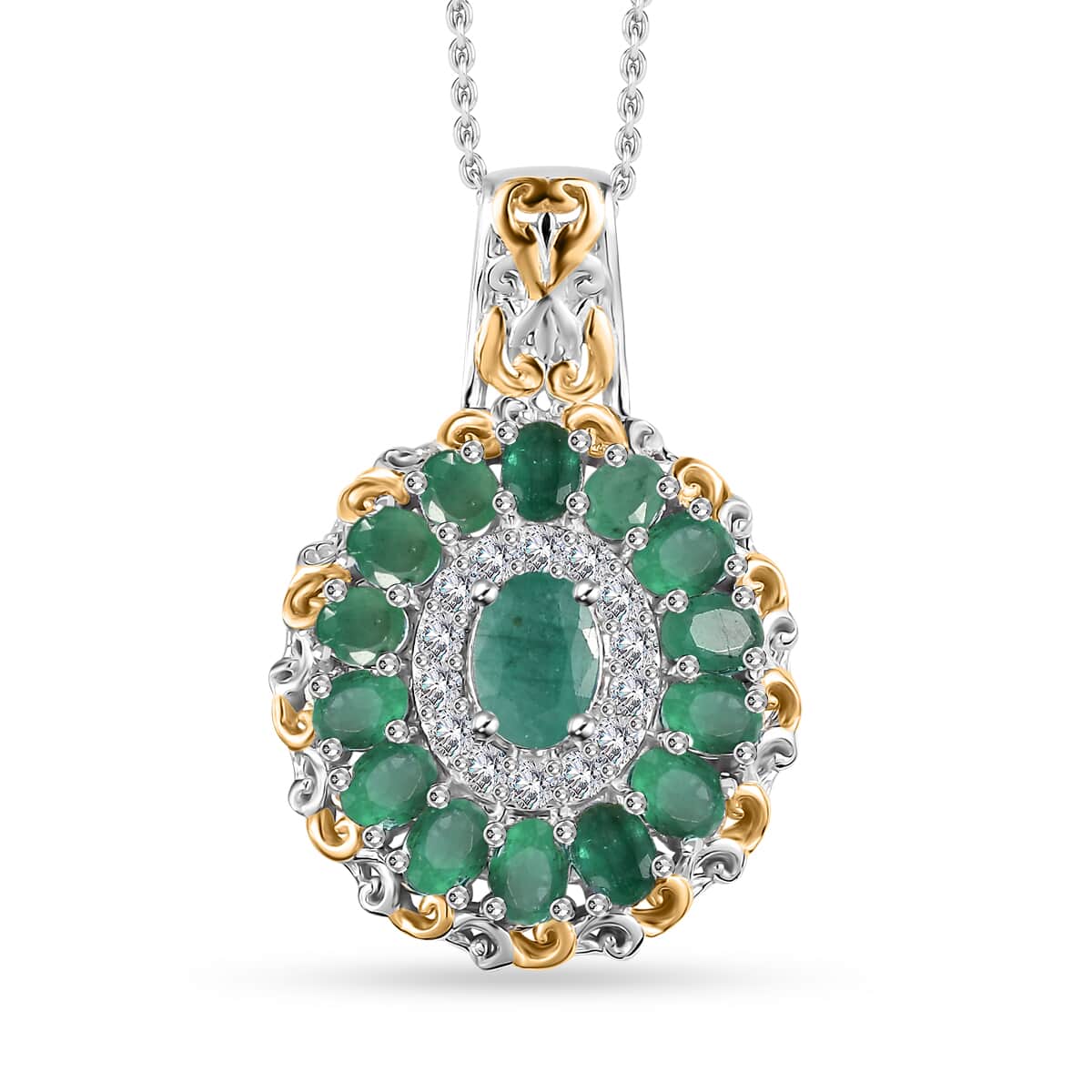 TLV Kagem Zambian Emerald, White Zircon Daisy Floral Pendant Necklace (20 Inches) in 18K Vermeil YG and Rhodium Over Sterling Silver 3.30 ctw image number 0