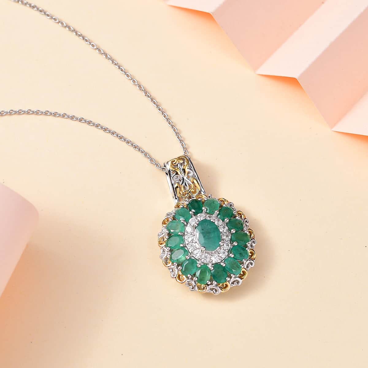 TLV Kagem Zambian Emerald, White Zircon Daisy Floral Pendant Necklace (20 Inches) in 18K Vermeil YG and Rhodium Over Sterling Silver 3.30 ctw image number 1