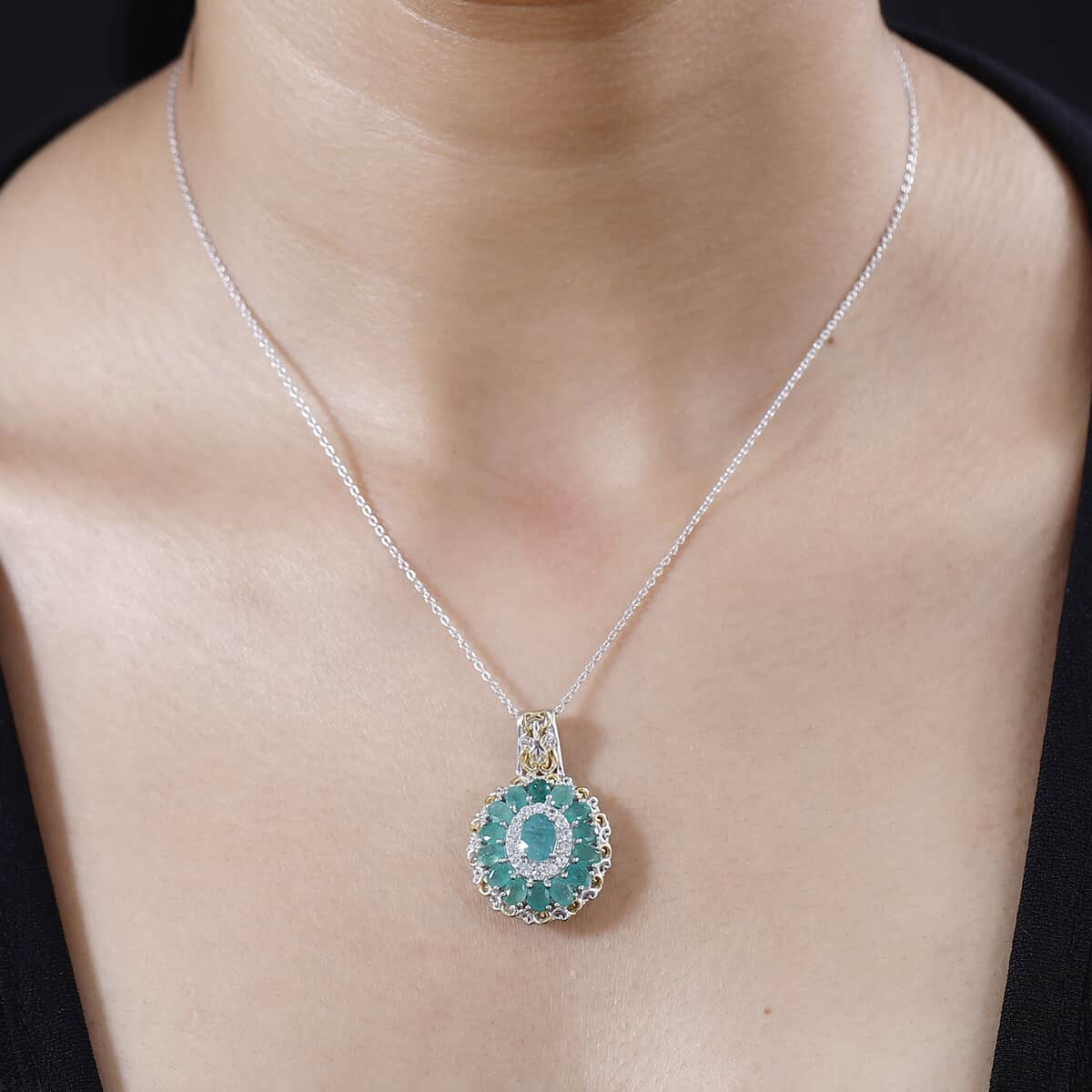 Kagem Zambian Emerald and White Zircon Floral Pendant Necklace 20 Inches in 18K Vermeil YG and Rhodium Over Sterling Silver 3.30 ctw image number 2