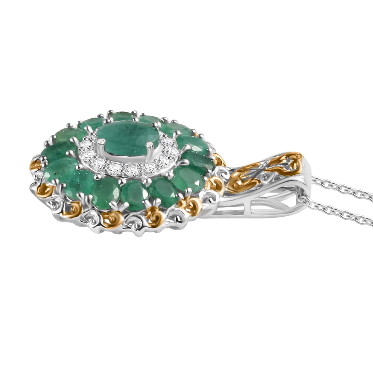 TLV Kagem Zambian Emerald, White Zircon Daisy Floral Pendant Necklace (20 Inches) in 18K Vermeil YG and Rhodium Over Sterling Silver 3.30 ctw image number 3