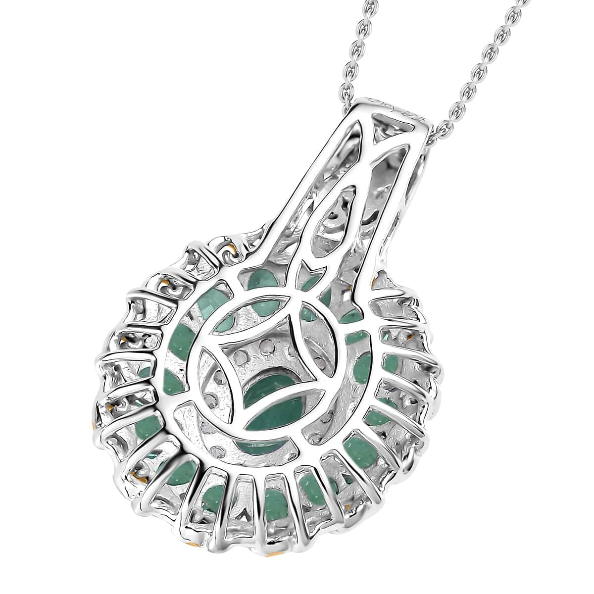 TLV Kagem Zambian Emerald, White Zircon Daisy Floral Pendant Necklace (20 Inches) in 18K Vermeil YG and Rhodium Over Sterling Silver 3.30 ctw image number 4