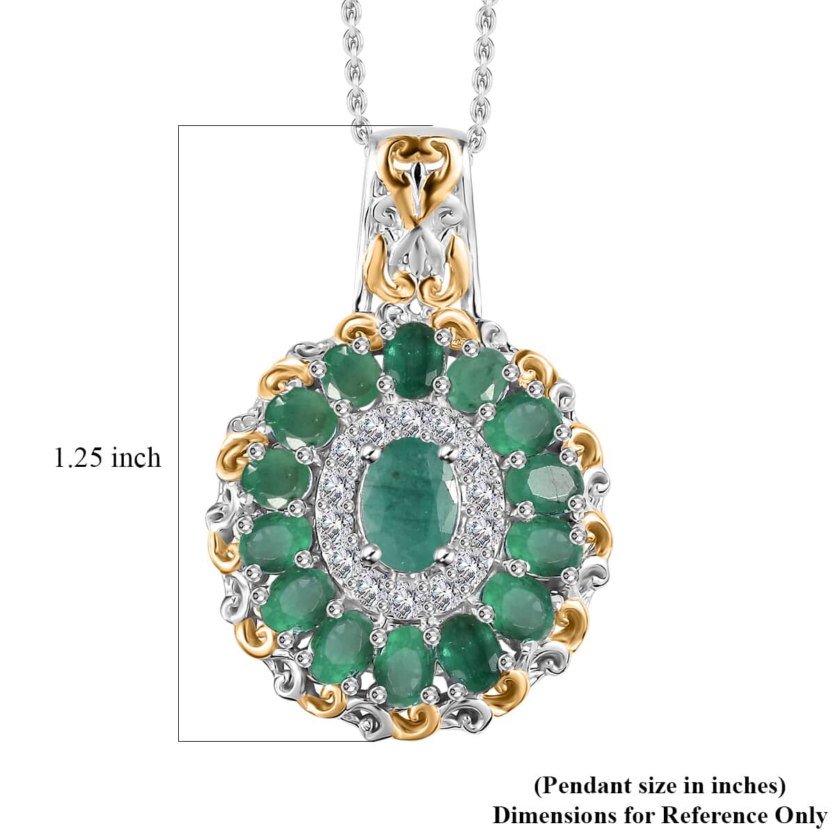 TLV Kagem Zambian Emerald, White Zircon Daisy Floral Pendant Necklace (20 Inches) in 18K Vermeil YG and Rhodium Over Sterling Silver 3.30 ctw image number 5