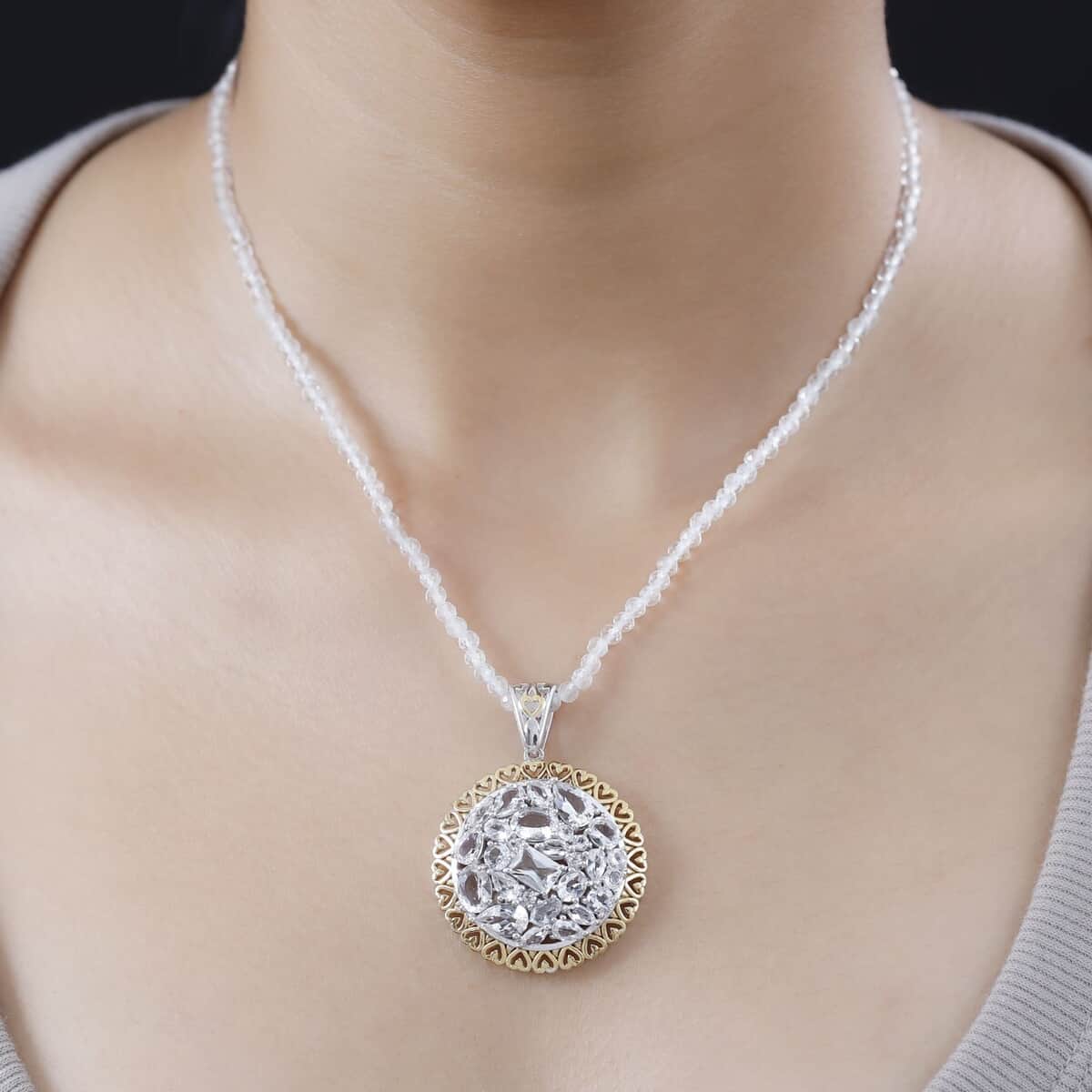 Brazilan Petalite Vintage Glamour Pendant with White Topaz Beaded Necklace 20 Inches in 18K Vermeil YG and Rhodium Over Sterling Silver 26.60 ctw image number 2