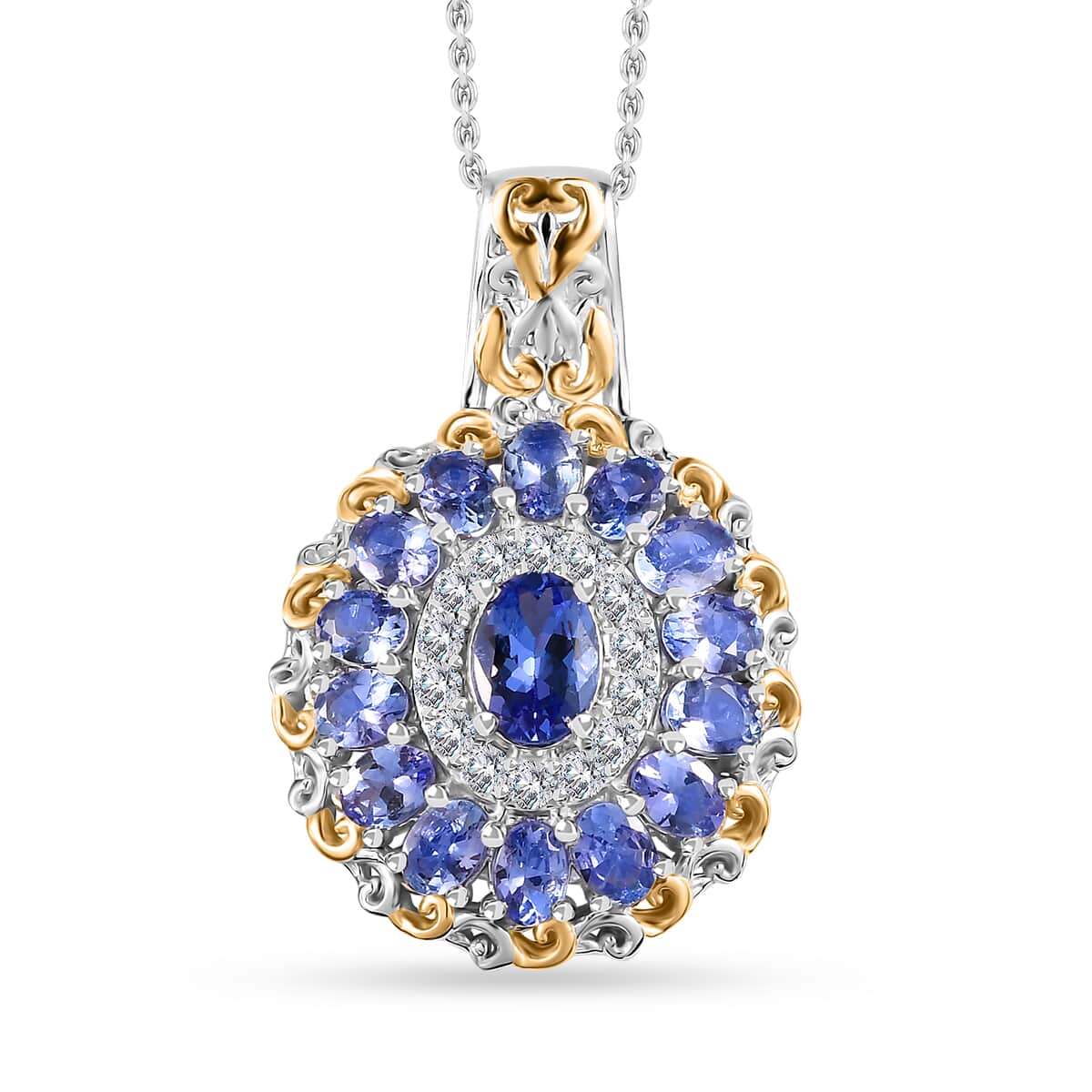 Tanzanite and White Zircon Floral Pendant Necklace 20 Inches in 18K Vermeil YG and Rhodium Over Sterling Silver 3.40 ctw image number 0