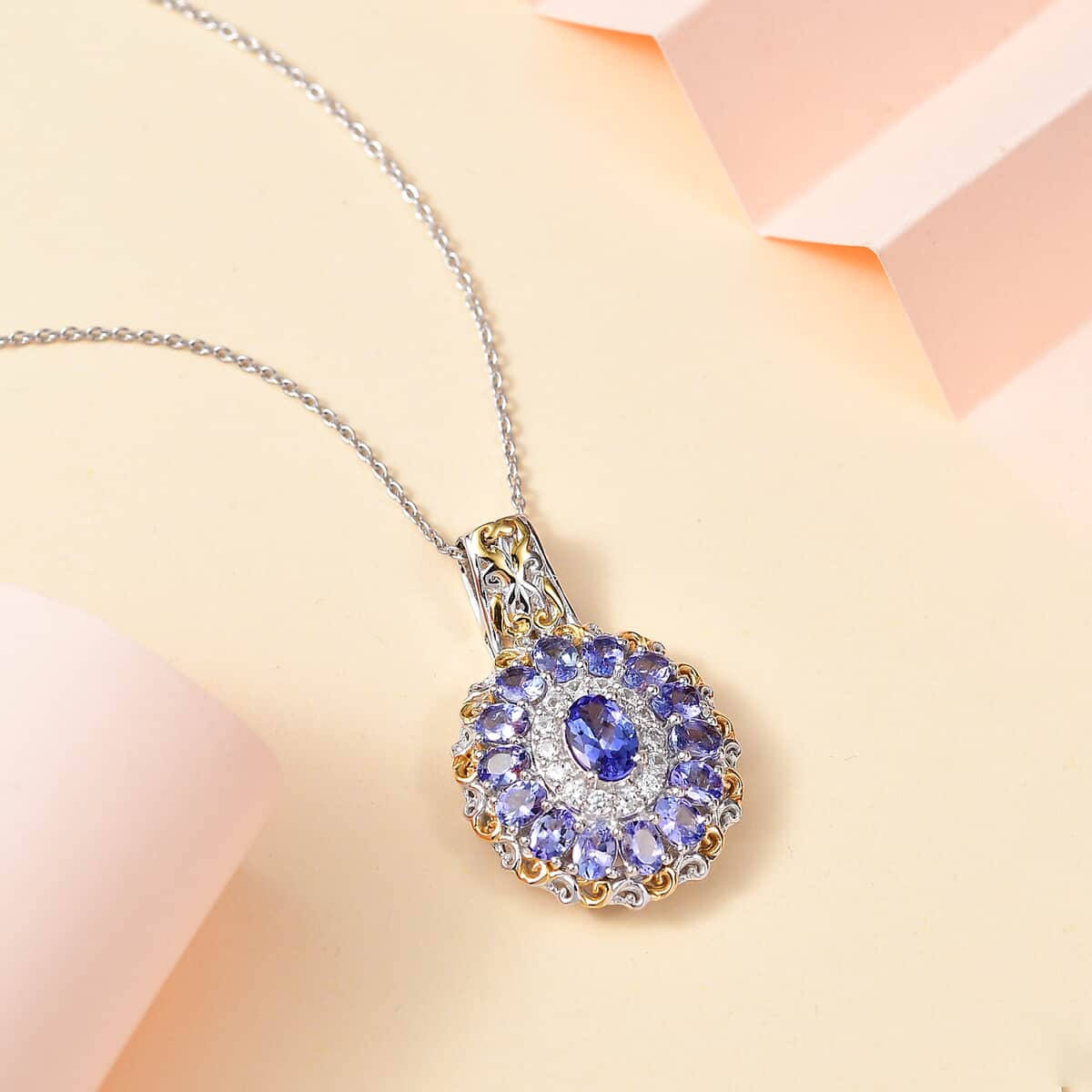 Tanzanite and White Zircon Floral Pendant Necklace 20 Inches in 18K Vermeil YG and Rhodium Over Sterling Silver 3.40 ctw image number 1