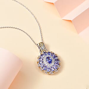 Tanzanite and White Zircon Floral Pendant Necklace 20 Inches in 18K Vermeil YG and Rhodium Over Sterling Silver 3.40 ctw