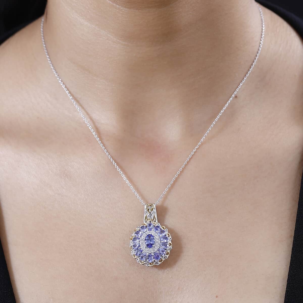 Tanzanite and White Zircon Floral Pendant Necklace 20 Inches in 18K Vermeil YG and Rhodium Over Sterling Silver 3.40 ctw image number 2