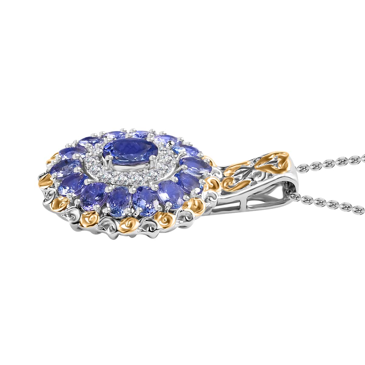 Tanzanite and White Zircon Floral Pendant Necklace 20 Inches in 18K Vermeil YG and Rhodium Over Sterling Silver 3.40 ctw image number 3