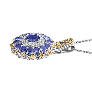 Tanzanite and White Zircon Floral Pendant Necklace 20 Inches in 18K Vermeil YG and Rhodium Over Sterling Silver 3.40 ctw