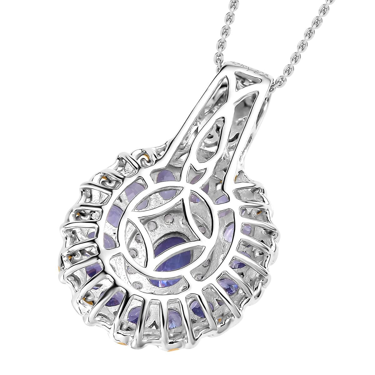 Tanzanite and White Zircon Floral Pendant Necklace 20 Inches in 18K Vermeil YG and Rhodium Over Sterling Silver 3.40 ctw image number 4