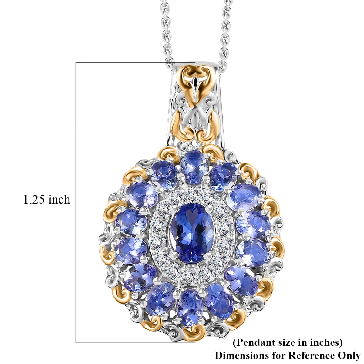 Tanzanite and White Zircon Floral Pendant Necklace 20 Inches in 18K Vermeil YG and Rhodium Over Sterling Silver 3.40 ctw image number 5