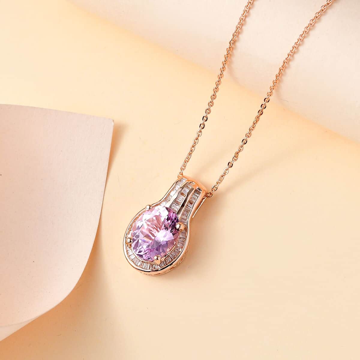 By Tony Diniz Premium Martha Rocha Kunzite and Diamond 3.60 ctw Cascade Pendant Necklace in 18K Vermeil Rose Gold Over Sterling Silver 20 Inches image number 1