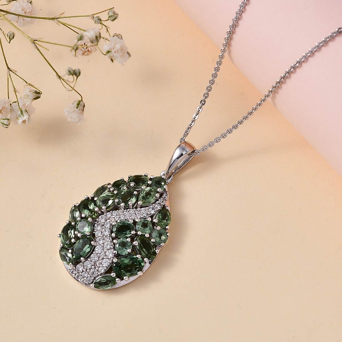 Premium Andranomaro Green Apatite and White Zircon 4.30 ctw Amazon Rain Forest Pendant Necklace in Rhodium Over Sterling Silver 20 Inches image number 1