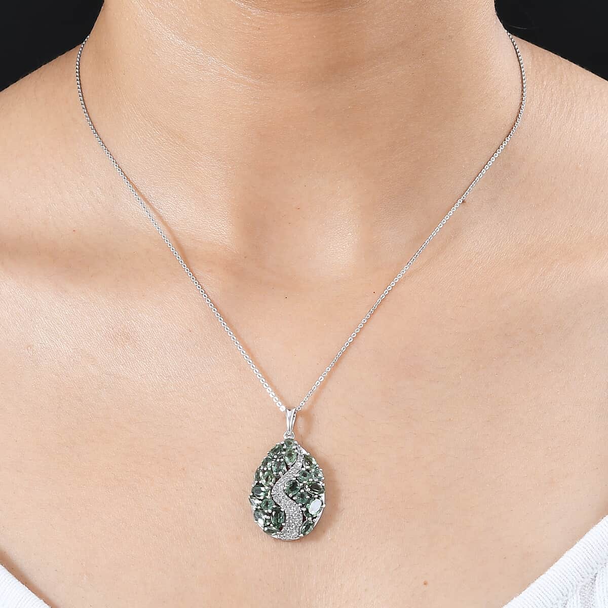 Premium Andranomaro Green Apatite and White Zircon 4.30 ctw Amazon Rain Forest Pendant Necklace in Rhodium Over Sterling Silver 20 Inches image number 2