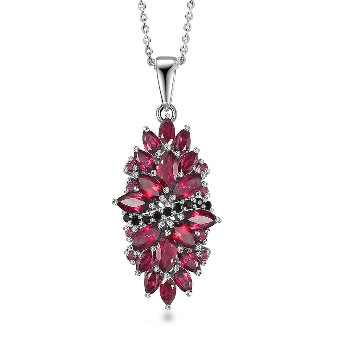 Orissa Rhodolite Garnet and Thai Black Spinel Mums Flower Pendant Necklace 20 Inches in Rhodium Over Sterling Silver 4.65 ctw image number 0
