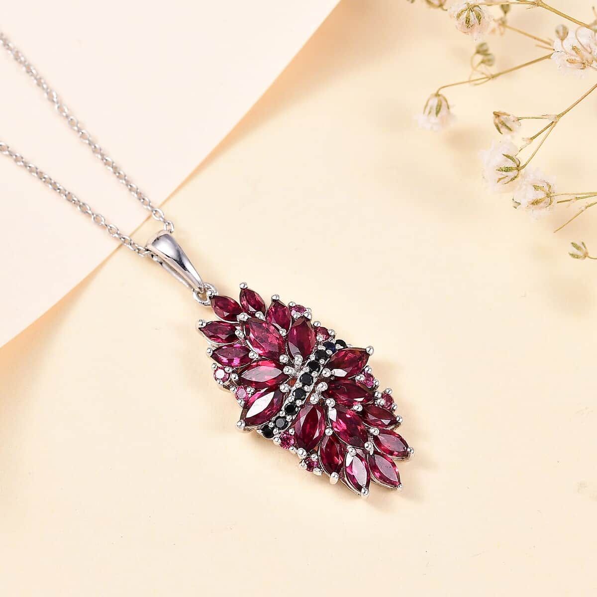 Orissa Rhodolite Garnet and Thai Black Spinel Mums Flower Pendant Necklace 20 Inches in Rhodium Over Sterling Silver 4.65 ctw image number 1
