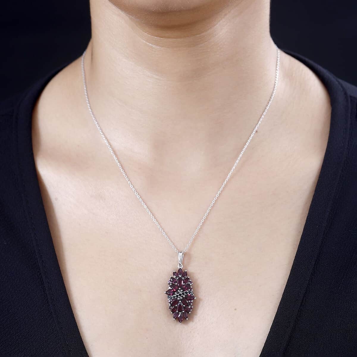 Orissa Rhodolite Garnet and Thai Black Spinel Mums Flower Pendant Necklace 20 Inches in Rhodium Over Sterling Silver 4.65 ctw image number 2