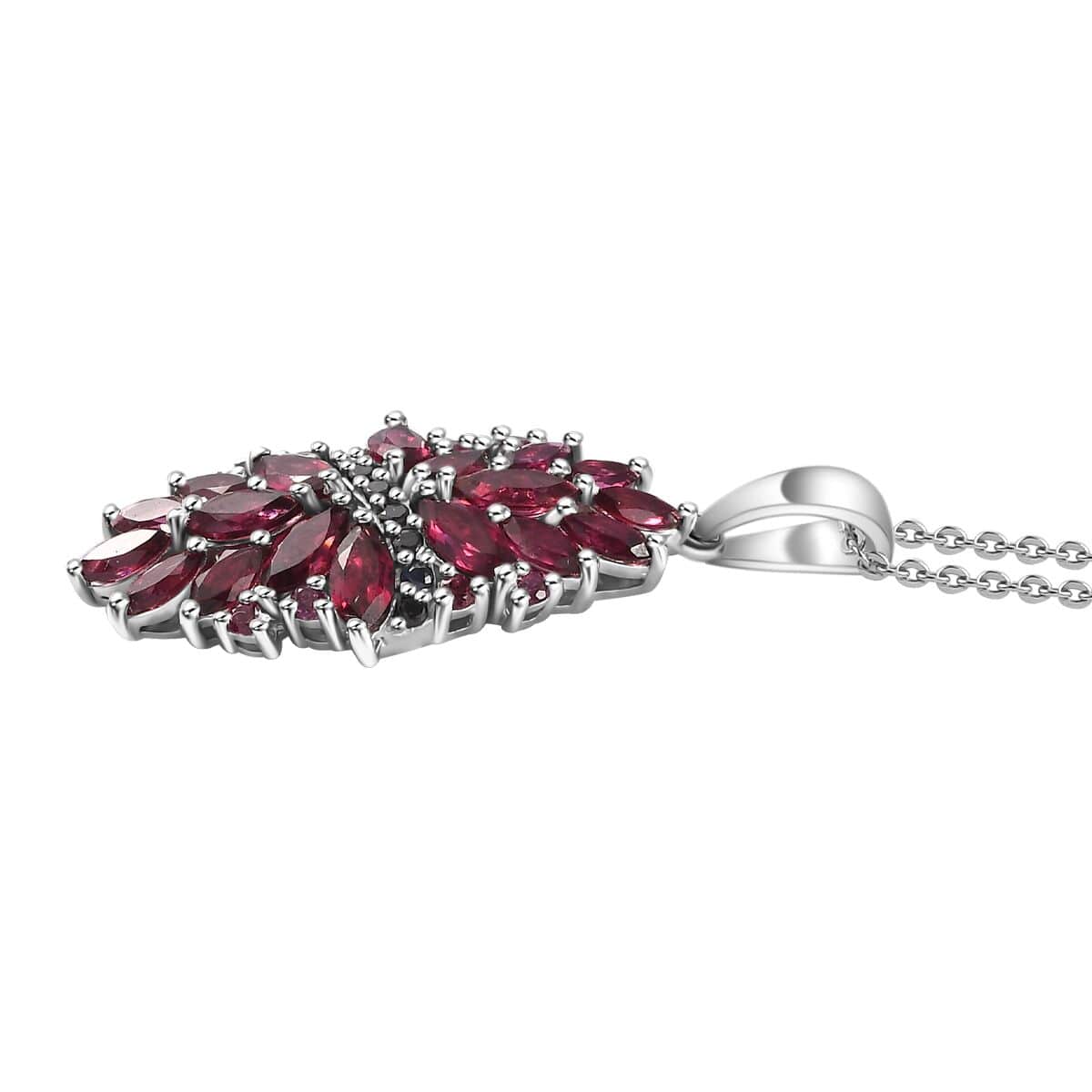 Orissa Rhodolite Garnet and Thai Black Spinel Mums Flower Pendant Necklace 20 Inches in Rhodium Over Sterling Silver 4.65 ctw image number 3