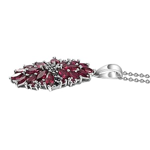 Orissa Rhodolite Garnet and Thai Black Spinel Mums Flower Pendant Necklace 20 Inches in Rhodium Over Sterling Silver 4.65 ctw