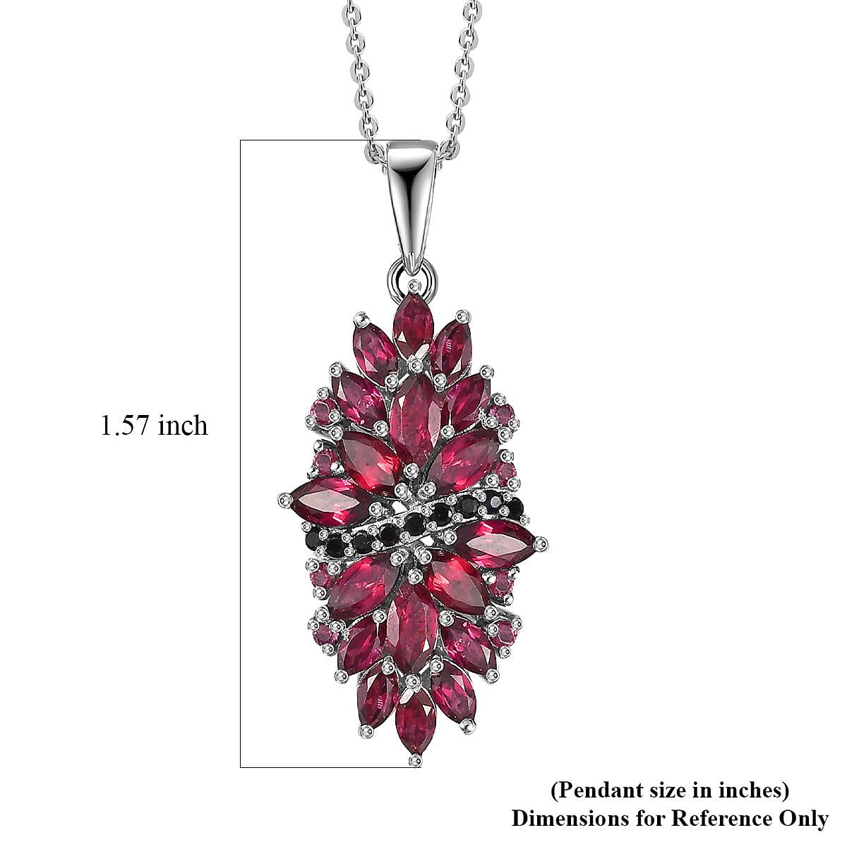 Orissa Rhodolite Garnet and Thai Black Spinel Mums Flower Pendant Necklace 20 Inches in Rhodium Over Sterling Silver 4.65 ctw