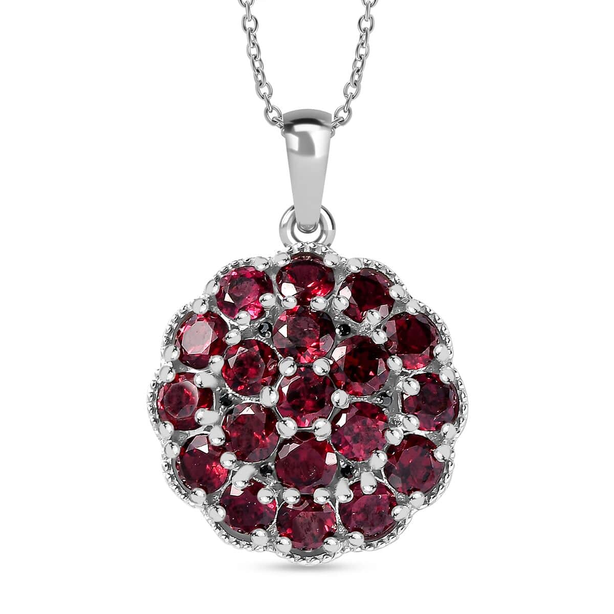 Orissa Rhodolite Garnet and Thai Black Spinel Mums Flower Pendant Necklace 20 Inches in Rhodium Over Sterling Silver 6.10 ctw image number 0