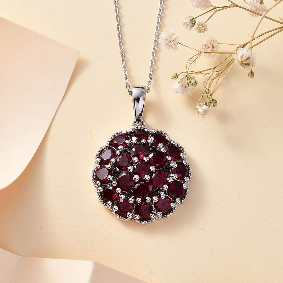 Orissa Rhodolite Garnet and Thai Black Spinel Mums Flower Pendant Necklace 20 Inches in Rhodium Over Sterling Silver 6.10 ctw image number 1