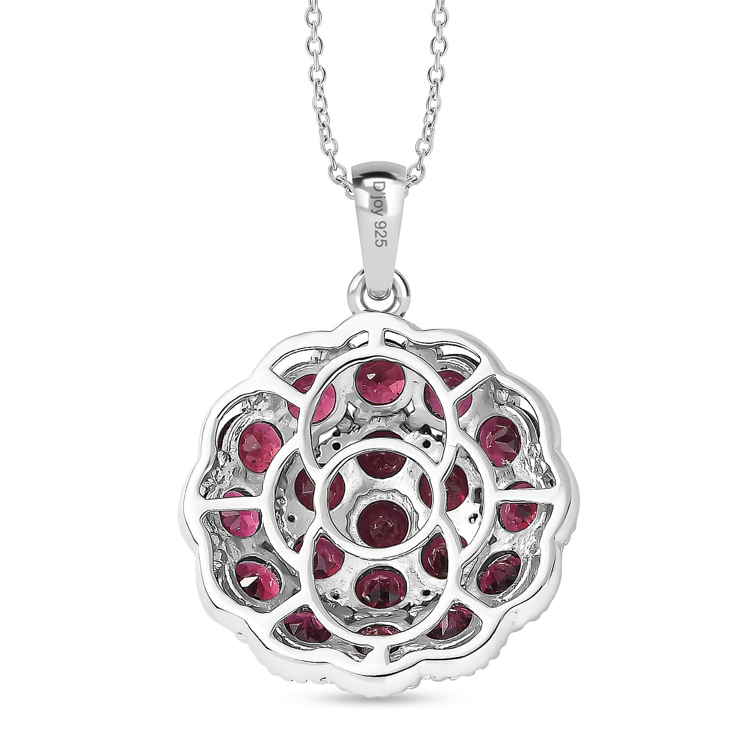 Orissa Rhodolite Garnet and Thai Black Spinel Mums Flower Pendant Necklace 20 Inches in Rhodium Over Sterling Silver 6.10 ctw